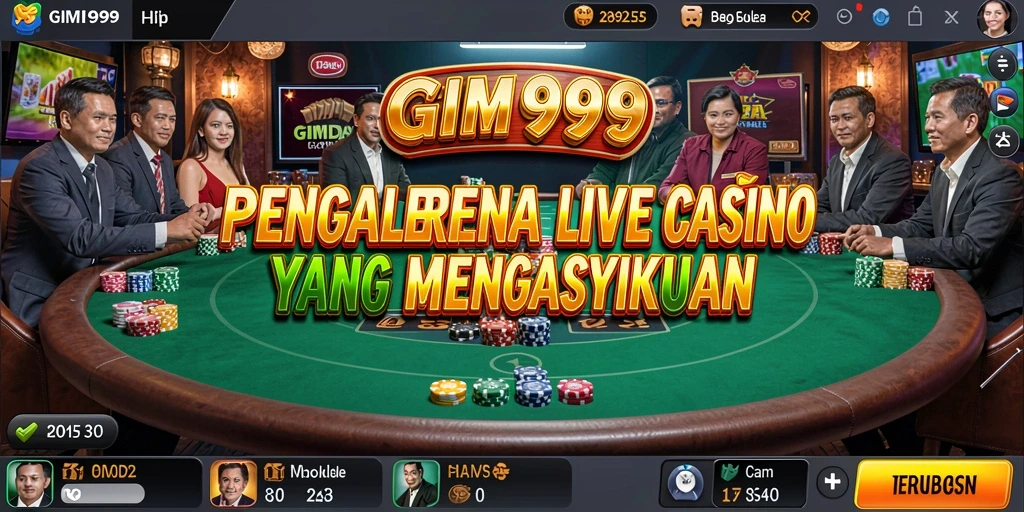 Screenshot GIM999 menampilkan dealer langsung dan suasana kasino yang mendebarkan.