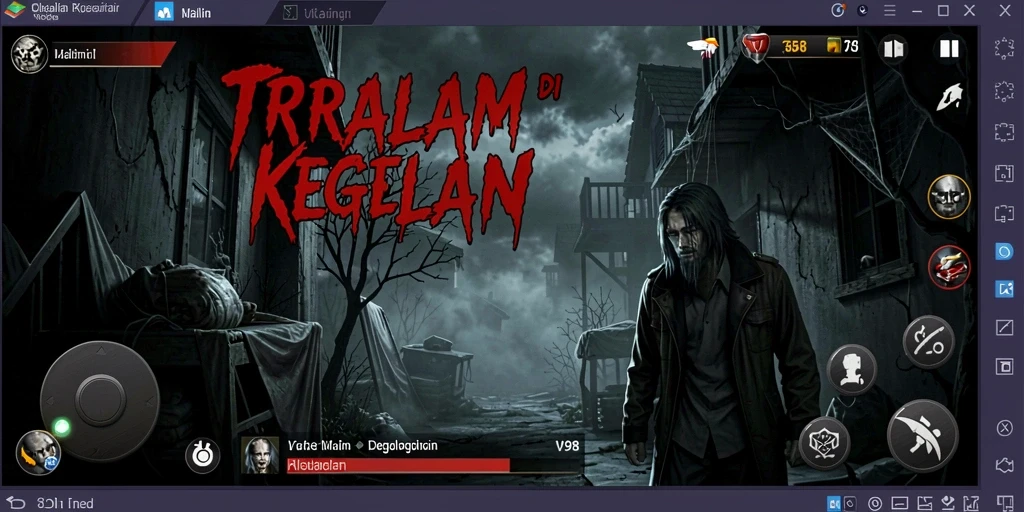 Screenshot utama V98 menampilkan aksi seram di tempat gelap.